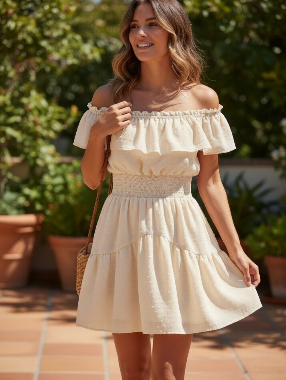 Source Unknown Off-Shoulder Ruffle Mini Dress in Cream - Picture 4 of 15